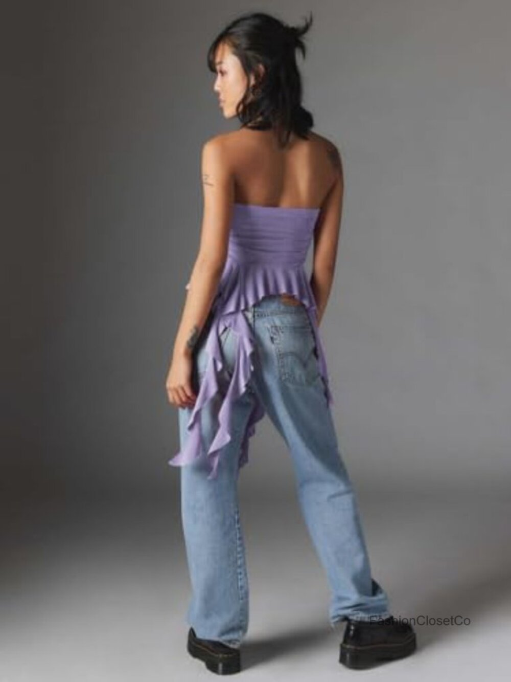Strapless Tube Top Ruffled Asymmetrical Hem Ruched Bandeau Cami Tank - Picture 5 of 6